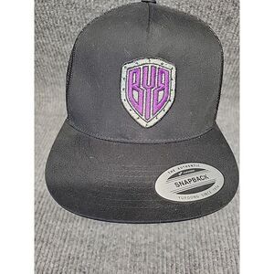 Yupoong The Classics Black Trucker Hat Purple Shield Logo Snapback Cap Mesh Back